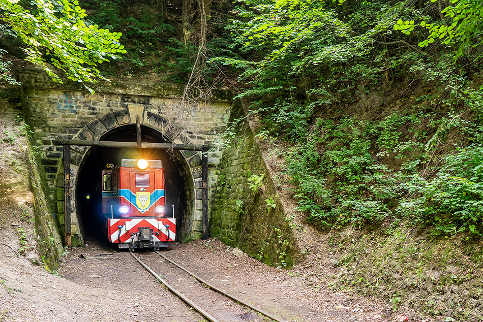 Pociąg Pogórzanin wyjeższający z tunelu w Szklarach