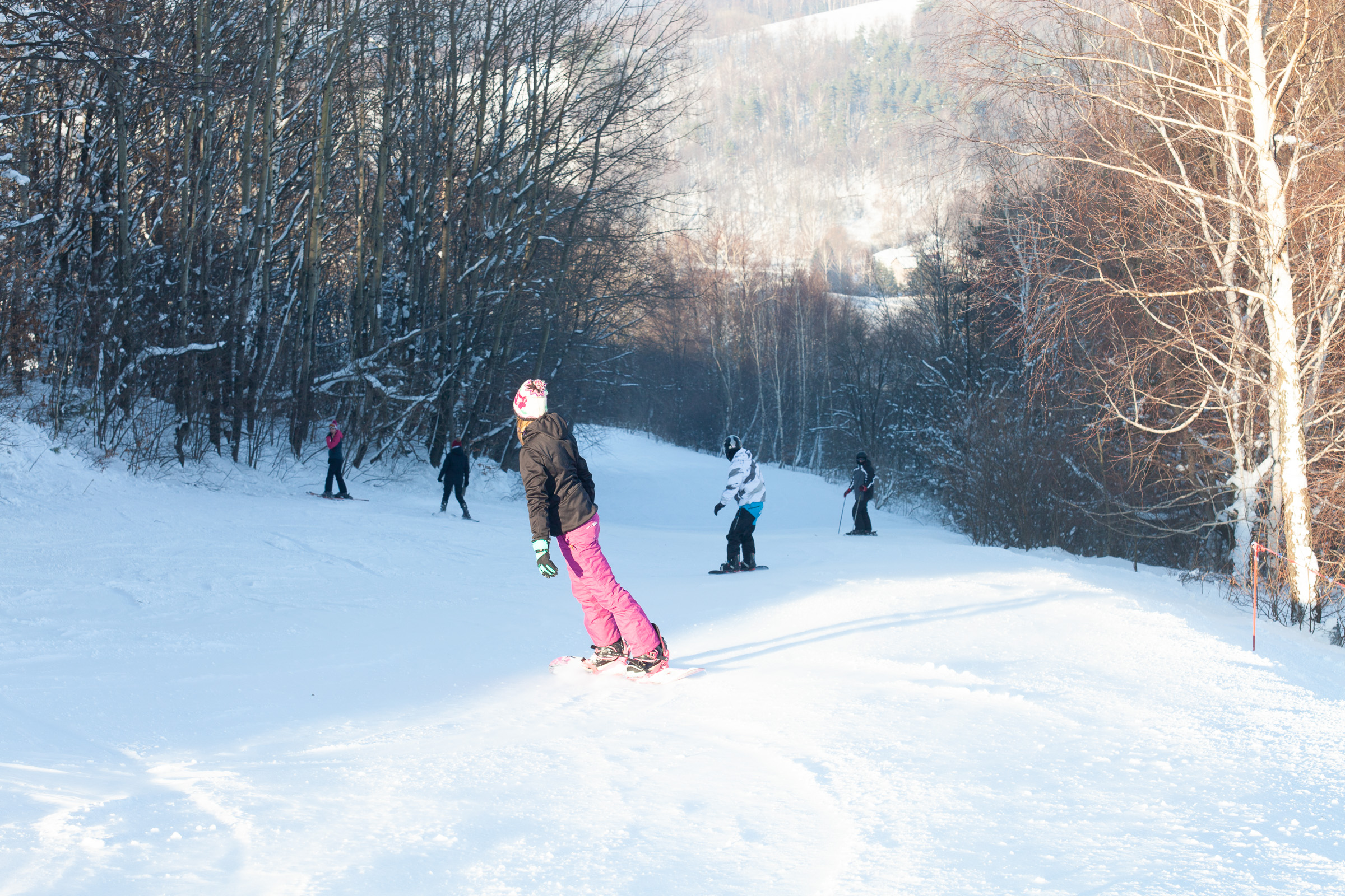Zima. Grupa osób zjeżdżająca ze stoku na deskach snowboardowych