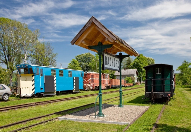 Stacja kolejowa w Bachórzu. Na torach stoją wagony i lokomotywy