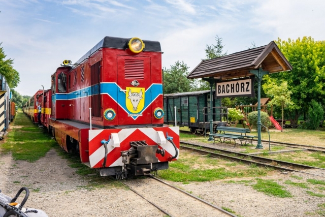 Czerwony pociąg stoi na stacji w Bachórz.