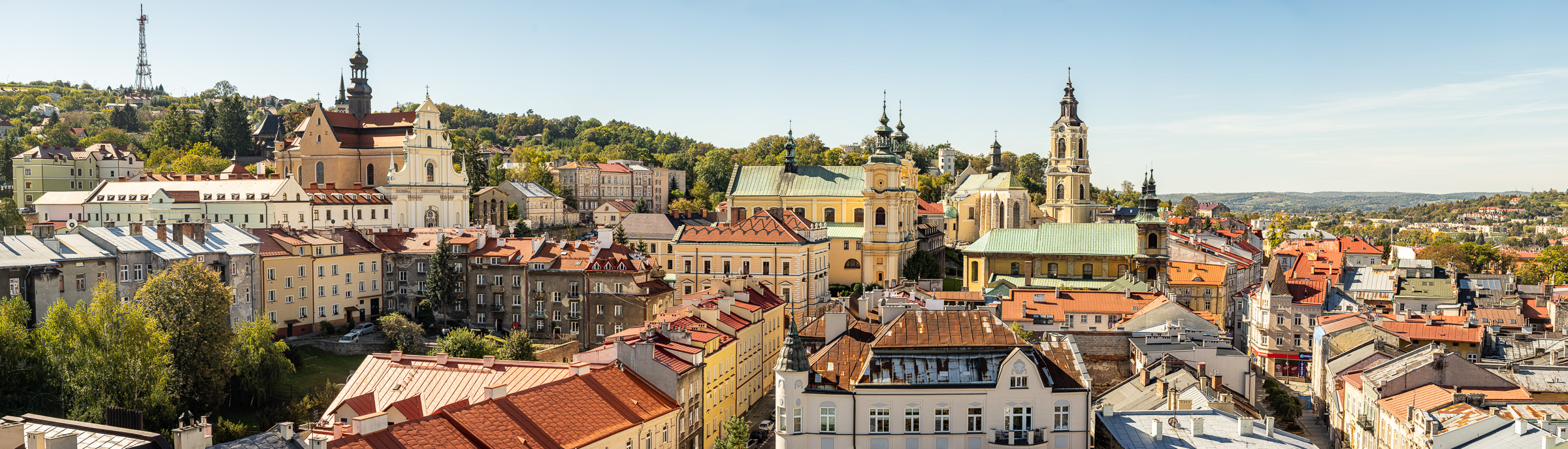 Panorama starego miasta w Przemyślu. Nad kamienicami górują wieże kościelne.