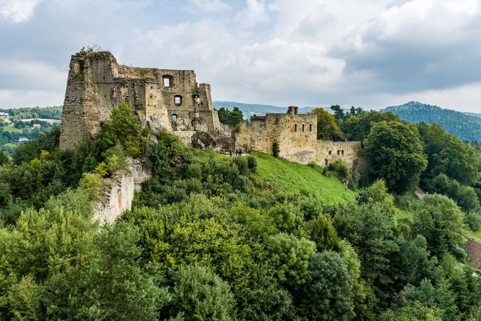 Malownicze ruiny zamku na zielonym wzgórzu. Mury zbudowane z jasnego kamienia. W kilku ścianach widoczne niewielkie otwory okienne. W oddali łagodne wzniesienia pogórza porośnięte gęstym, zielonym lasem.