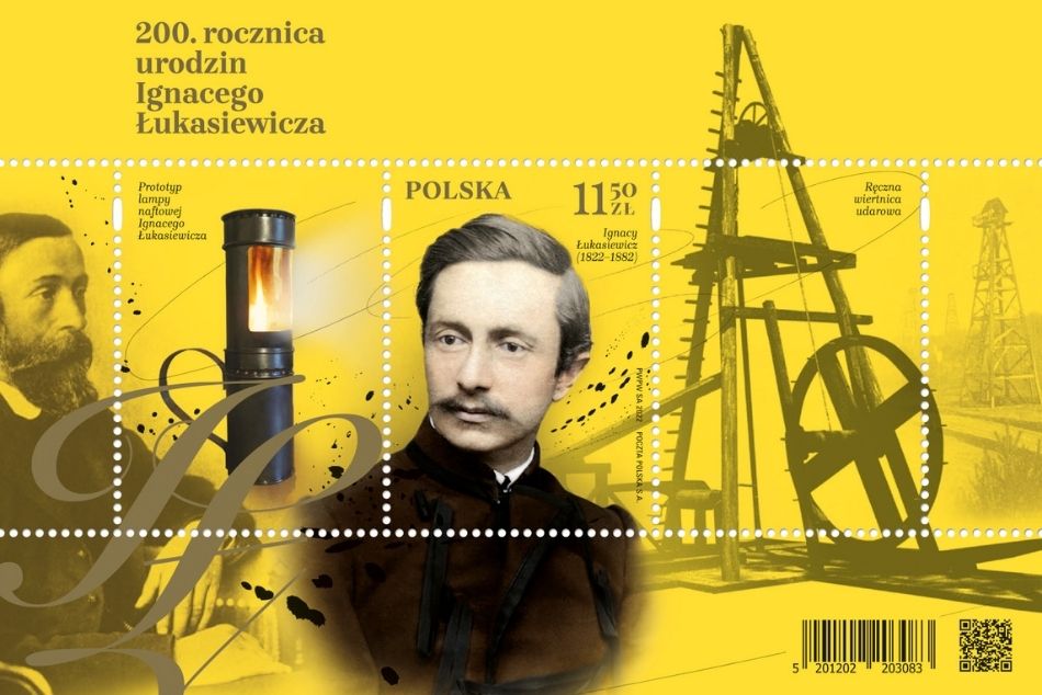 Grafika przedstawiająca znaczek poświęcony Ignacemu Łukasiewiczowi.