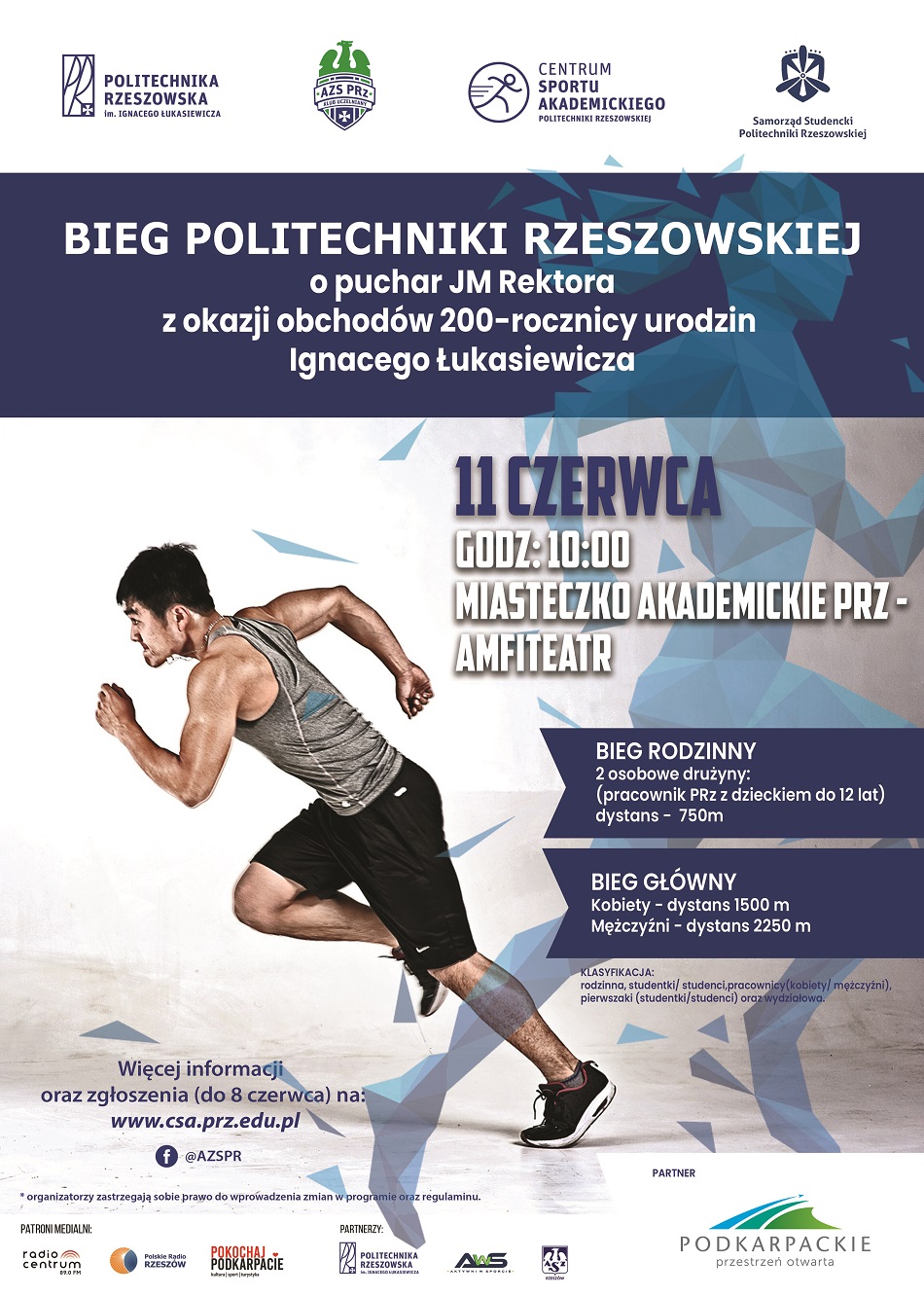 Plakat Biegu Politechniki Rzeszowskiej zawierający informacji opisane w tekście artykułu.