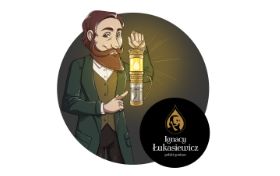 Grafika. Rysunkowa postać mężczyzny z brodą i wąsami inspirowana Ignacym Łukasiewiczem. Mężczyzna w ręku trzyma lampę naftową.