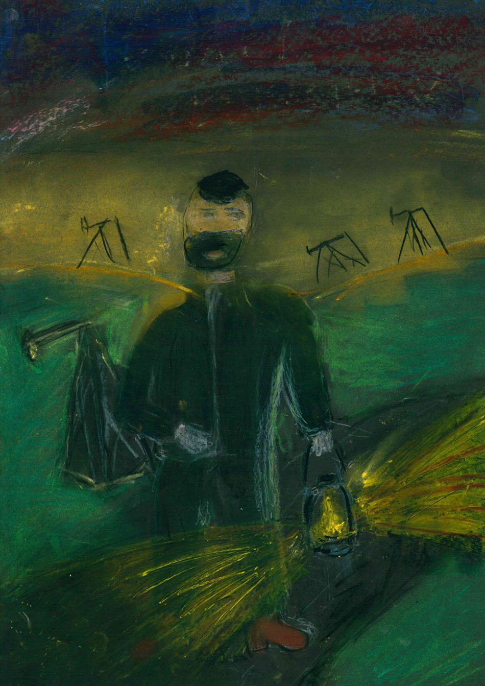 Rysunek namalowany pastelami przez 12-letniego chłopca. Przedstawia mężczyznę z brodą niosącego lampę naftową, rozświetlającą wieczór. W tle kiwony i wzgórza.