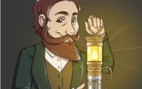 Grafika. Rysunkowa postać mężczyzny z brodą i wąsami inspirowana Ignacym Łukasiewiczem. Mężczyzna w ręku trzyma lampę naftową.