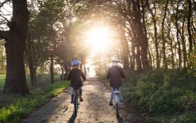Dwójka dzieci na rowerach jadąca drogą przez las. Zza drzew przebijają promenie słońca.