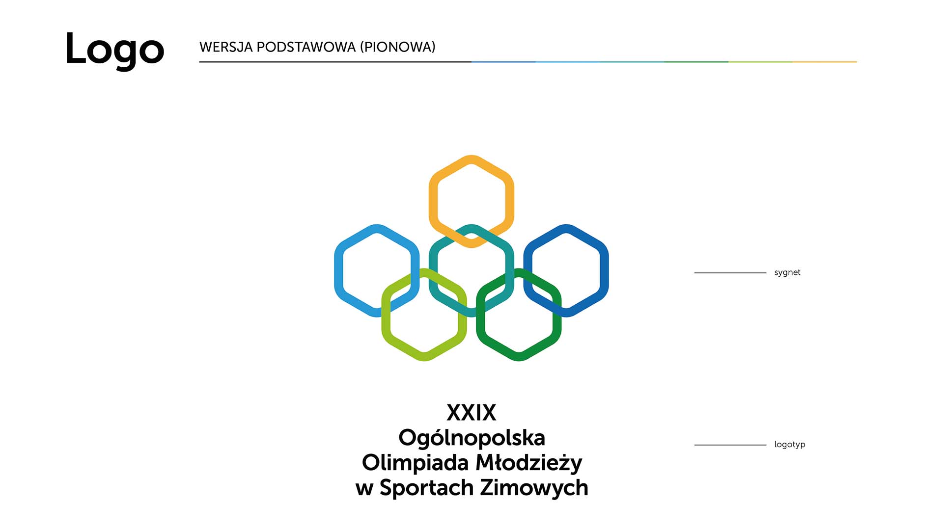 Logo olimpiady młodzieżowej składające się z 6 połączonych wielobarwnych sześciokątów.
