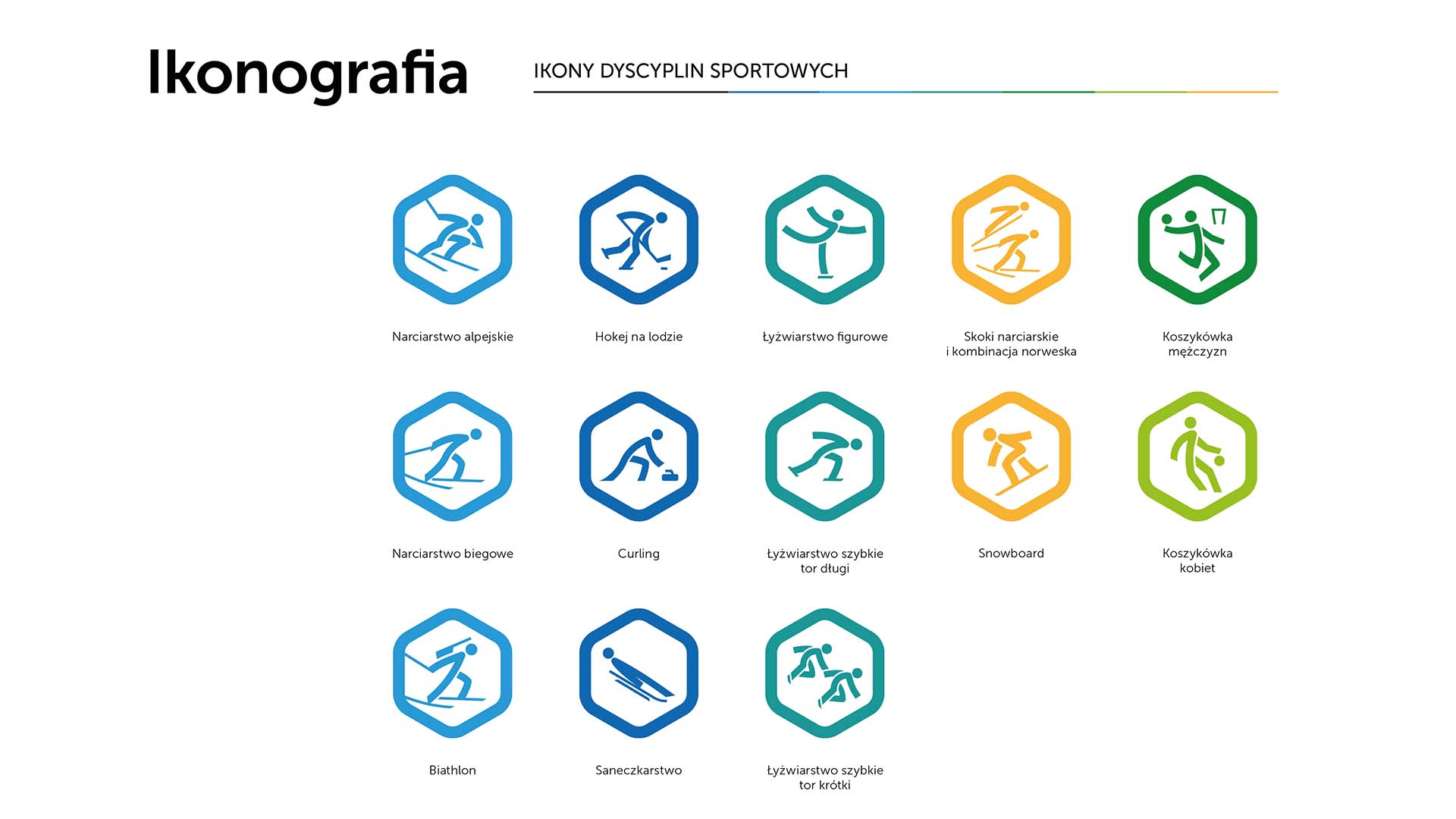 Ifografika przedstawiająca ikony dyscyplin sportowych rozgrywanych podczas zimowej olimpiady młodzieży. Znaki opisane w artykule.