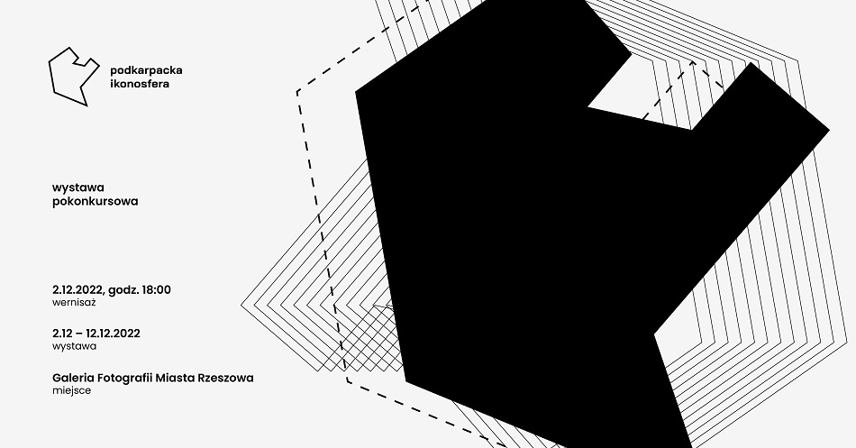 czarnobiała grafika z geometrycznymi wzorami przedstawiająca kontur województwa podkarpackiego, obok informacje tekstowe o wystawie (zawarte w artykule)