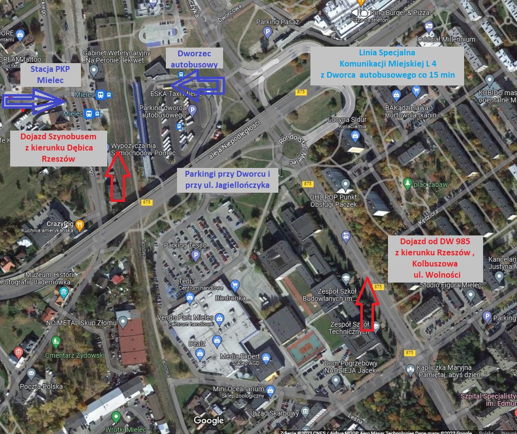 Mapa satelitarna z zaznaczonymi parkingami przy Dworcu PKS