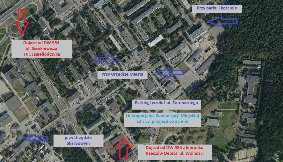 Mapa satelitarna z zaznaczonymi parkingami przy ul. Żeromskiego