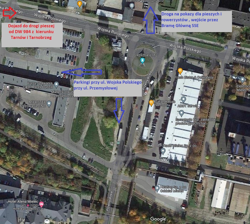Mapa satelitarna z zaznaczonymi parkingami przy ul. Wojska Polskiego i ul. Przemysłowej
