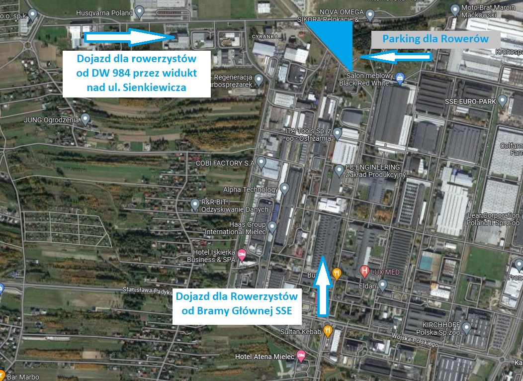 Mapa satelitarna z zaznaczonymi parkingami dla rowerów.