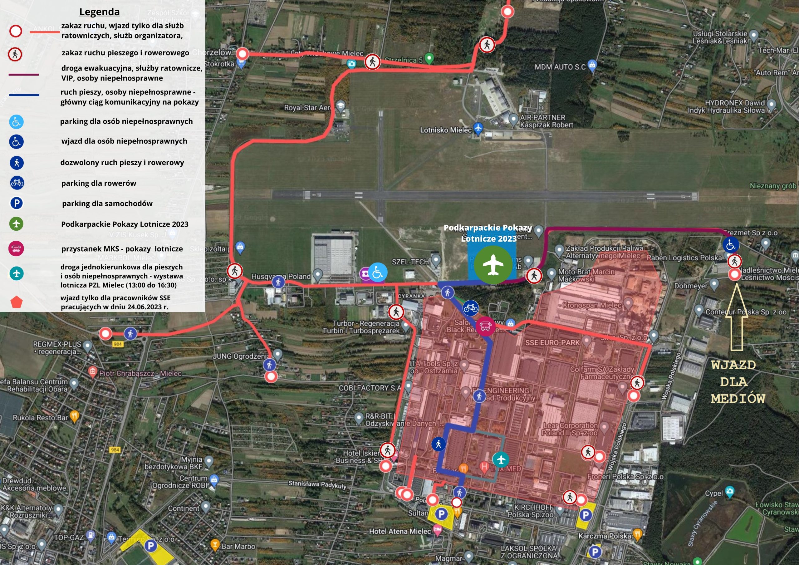 Mapa satelitarna z zaznaczoną organizacją ruchu oraz parkingami podczas IV Podkarpackich Pokazów Lotniczych. Szczegóły opisane w artykule.