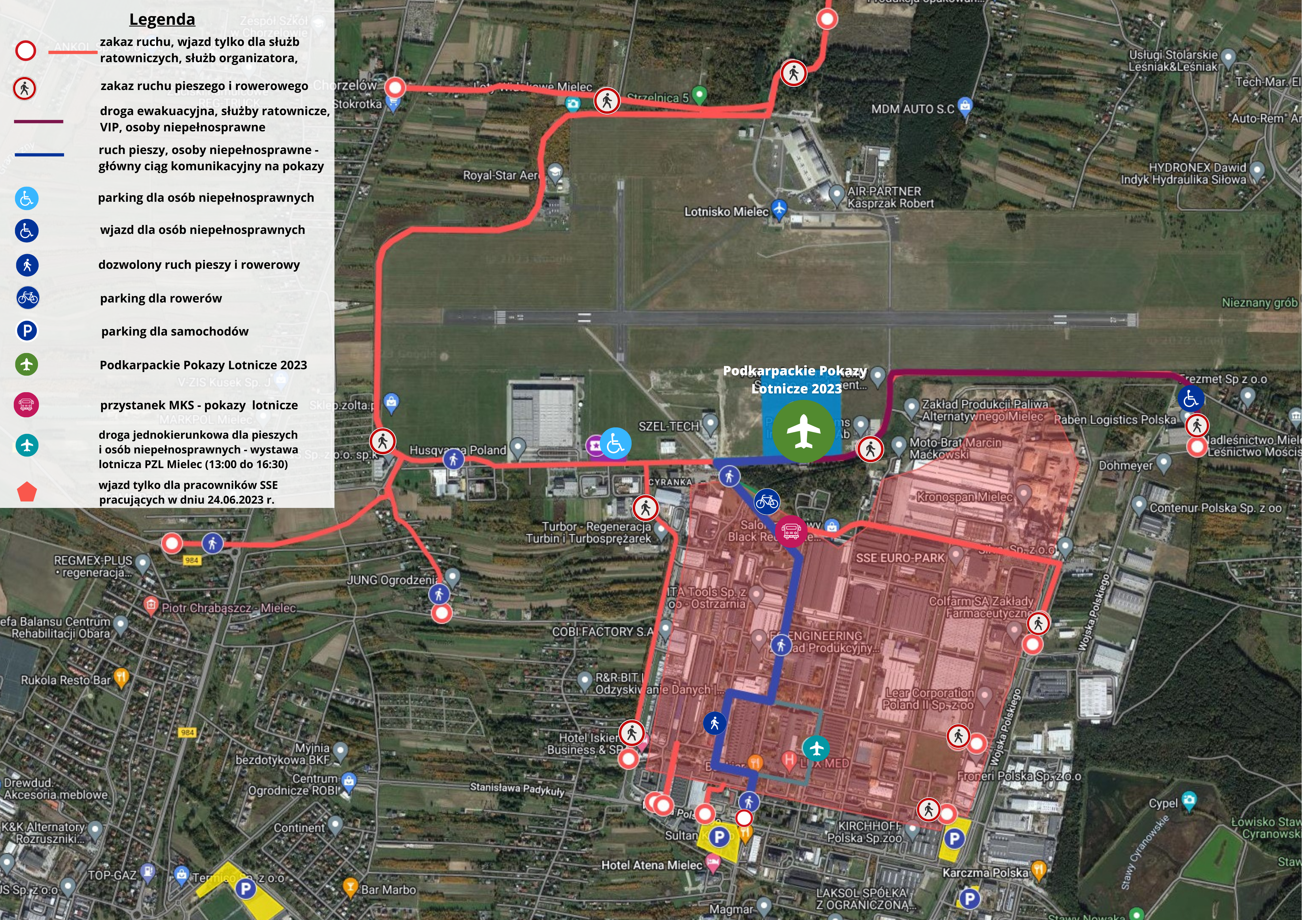 Mapa satelitarna z zaznaczoną organizacją ruchu oraz parkingami podczas IV Podkarpackich Pokazów Lotniczych. Szczegóły opisane w artykule.